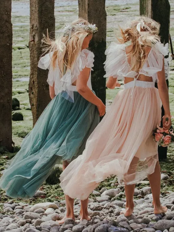 Robe cortège enfant robe de fille de fleur en tulle col rond dos nu