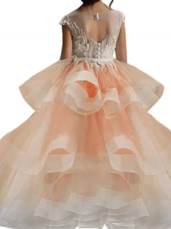 Robe cortège enfant robe princesse rose en tulle col rond en dentelle structurée Robe fille de fleur