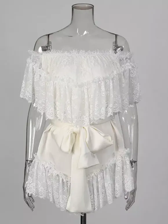 Robe courte blanche en dentelle pour femme épaules dénudées et taille haute Daily Dresses