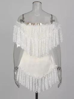 Robe courte blanche en dentelle pour femme épaules dénudées et taille haute Daily Dresses