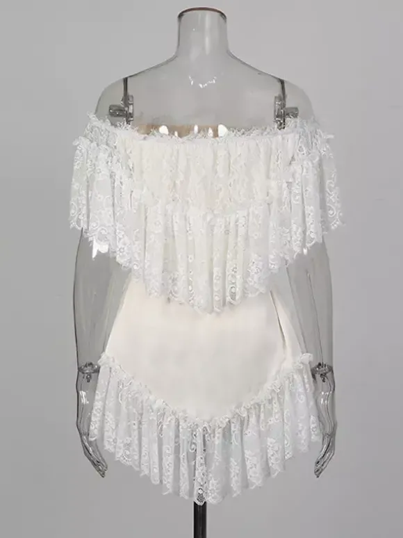 Robe courte blanche en dentelle pour femme épaules dénudées et taille haute Daily Dresses