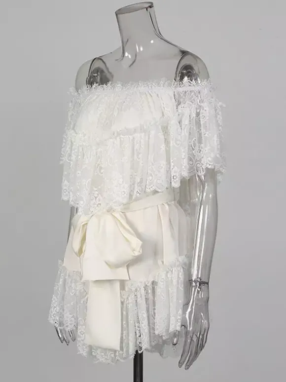 Robe courte blanche en dentelle pour femme épaules dénudées et taille haute Daily Dresses