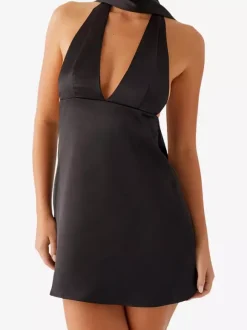 Robe courte dos nu en satin à col halter pour femme - Robe courte dos nu à décolleté plongeant avec foulard - Soirée cocktail d'été 2026