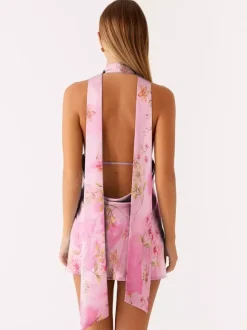 Robe courte dos nu en satin à col halter pour femme - Robe courte dos nu à décolleté plongeant avec foulard - Soirée cocktail d'été 2026