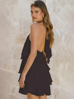 Robe courte dos nu à fleurs 3D pour femme - Élégante robe d'été en mousseline à volants et rosettes étagées - Invitée aux mariages d'été 2026