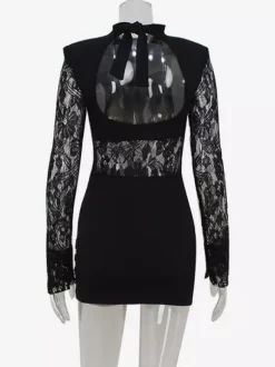Robe courte en dentelle transparente patchwork pour femme - Robe moulante à col montant et épaules rembourrées - Tenue de soirée printanière 2026
