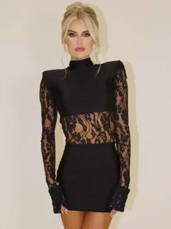 Robe courte en dentelle transparente patchwork pour femme - Robe moulante à col montant et épaules rembourrées - Tenue de soirée printanière 2026