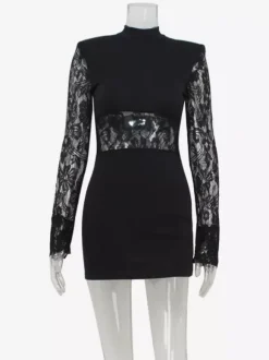 Robe courte en dentelle transparente patchwork pour femme - Robe moulante à col montant et épaules rembourrées - Tenue de soirée printanière 2026