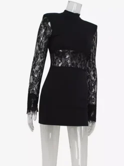 Robe courte en dentelle transparente patchwork pour femme - Robe moulante à col montant et épaules rembourrées - Tenue de soirée printanière 2026