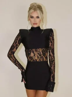 Robe courte en dentelle transparente patchwork pour femme - Robe moulante à col montant et épaules rembourrées - Tenue de soirée printanière 2026