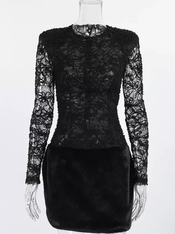 Robe courte femme en dentelle noire et fausse fourrure - Haut transparent sexy à manches longues - Style gothique idéale pour une soirée cocktail printanière 2026