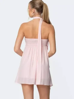 Robe courte froncée en mousseline pour femme - Rose décolleté c艙ur dos nu foulard coupe trapèze robe d'été évasée - Idéale pour un cocktail d'anniversaire d'été 2026