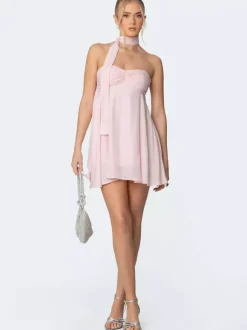Robe courte froncée en mousseline pour femme - Rose décolleté c艙ur dos nu foulard coupe trapèze robe d'été évasée - Idéale pour un cocktail d'anniversaire d'été 2026