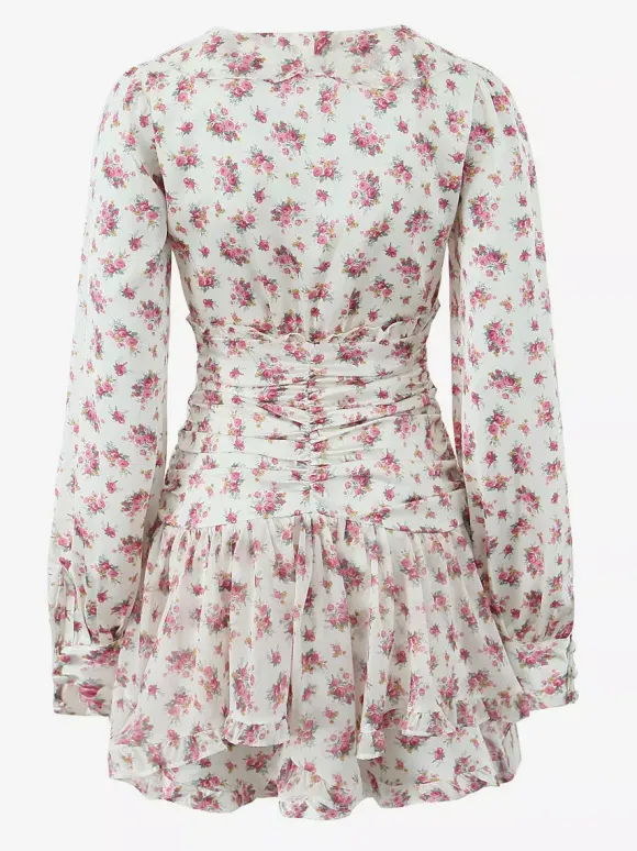 Robe courte à imprimé floral rose col en V manches longues été 2026