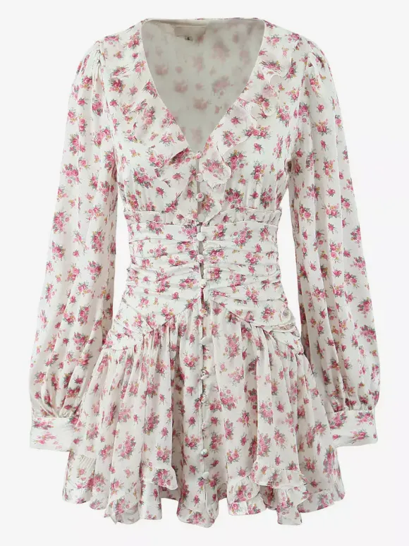 Robe courte à imprimé floral rose col en V manches longues été 2026