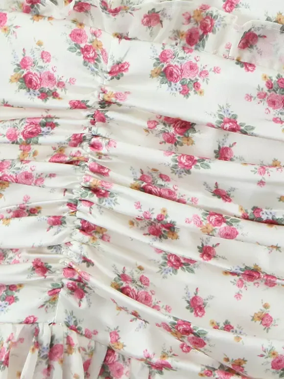 Robe courte à imprimé floral rose col en V manches longues été 2026