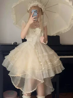 Robe courte Lolita blanche Sweet Lolita JSK avec n艙ud latéral volants et dentelle