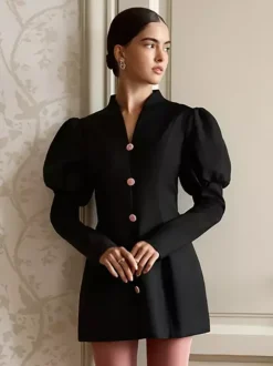 Robe courte à manches bouffantes pour femme style rétro chic - Noir élégant col montant coupe moulante - Idéale pour le printemps 2026