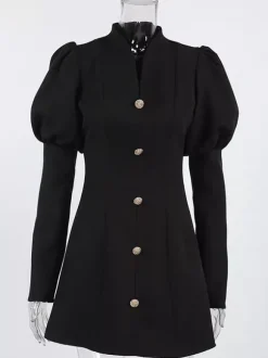 Robe courte à manches bouffantes pour femme style rétro chic - Noir élégant col montant coupe moulante - Idéale pour le printemps 2026