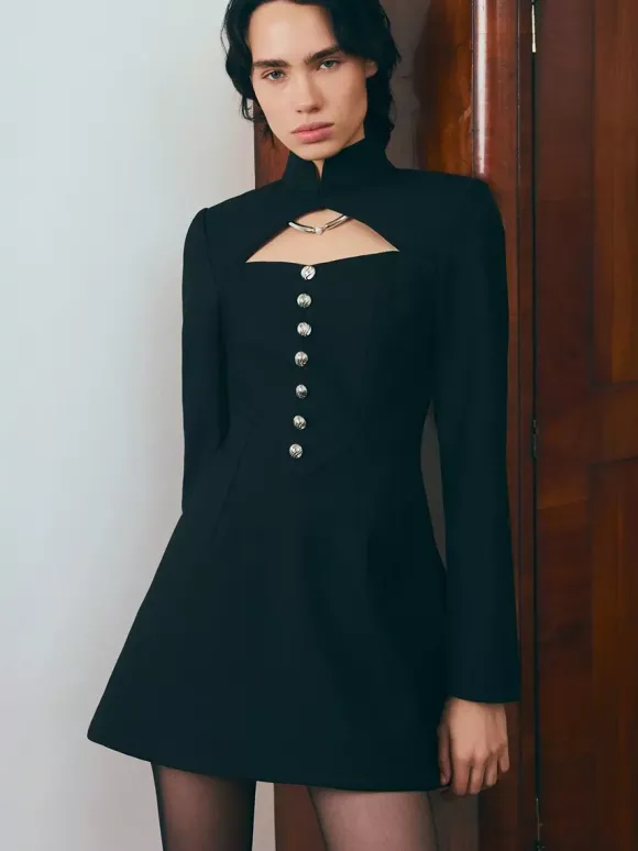 Robe courte à manches longues et découpes pour femme - Robe à col montant et boutons - Idéale pour une soirée romantique printanière 2026