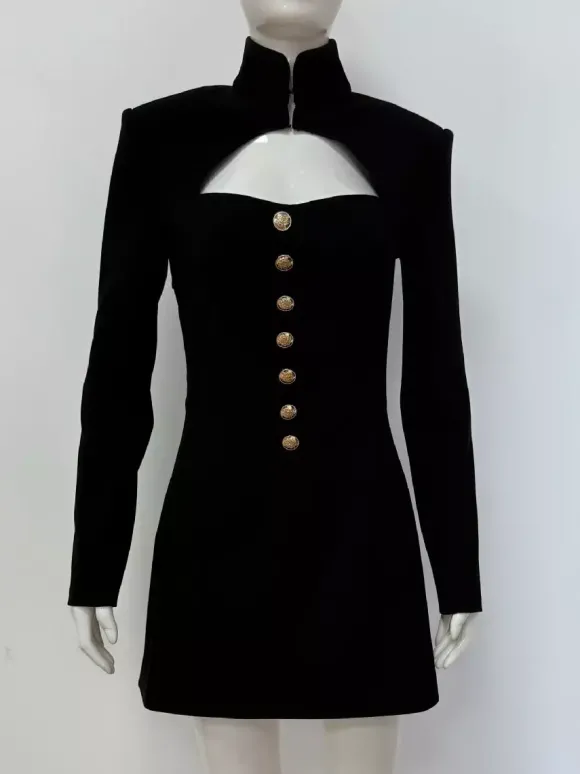 Robe courte à manches longues et découpes pour femme - Robe à col montant et boutons - Idéale pour une soirée romantique printanière 2026