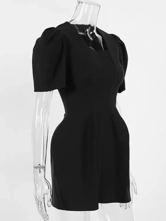 Robe courte noire à col en V pour femme - Manches bouffantes élégantes coupe sablier - Tenue élégante pour un rendez-vous galant 2026