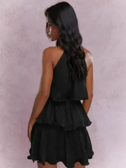 Robe courte orange rouge à volants sans manches et taille haute idéale pour tous les jours