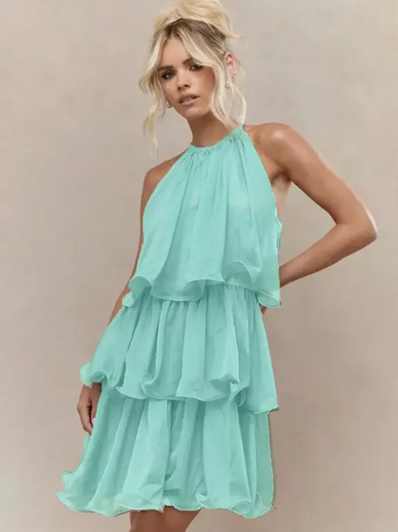 Robe courte orange rouge à volants sans manches et taille haute idéale pour tous les jours