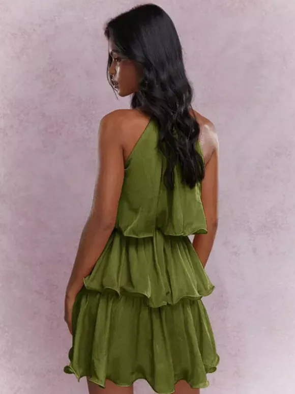 Robe courte orange rouge à volants sans manches et taille haute idéale pour tous les jours