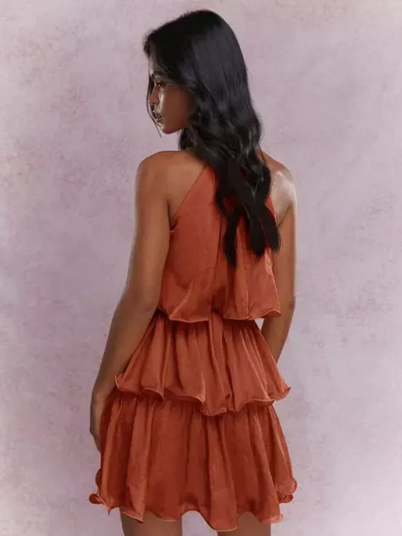 Robe courte orange rouge à volants sans manches et taille haute idéale pour tous les jours