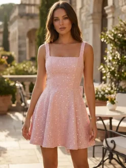 Robe courte à paillettes avec n艙ud dans le dos col carré coupe trapèze tenue de fête d'anniversaire pour femme 2026