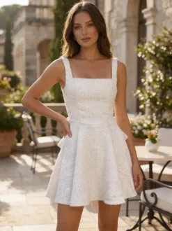 Robe courte à paillettes avec n艙ud dans le dos col carré coupe trapèze tenue de fête d'anniversaire pour femme 2026