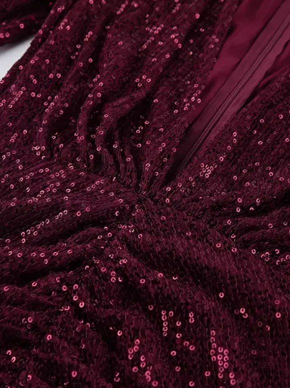 Robe courte à sequins scintillants pour femme - Décolleté plongeant sexy manches longues coupe moulante froncée - Tenue de cocktail printanière 2026