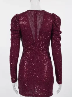 Robe courte à sequins scintillants pour femme - Décolleté plongeant sexy manches longues coupe moulante froncée - Tenue de cocktail printanière 2026