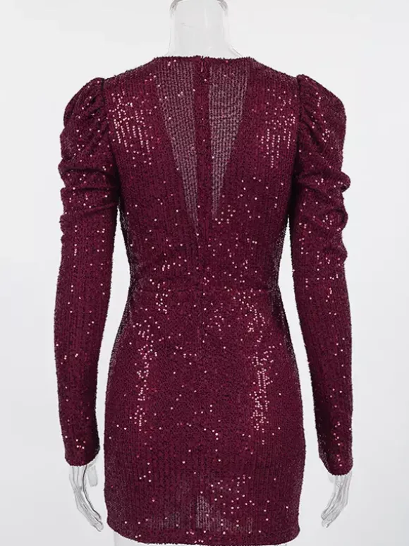 Robe courte à sequins scintillants pour femme - Décolleté plongeant sexy manches longues coupe moulante froncée - Tenue de cocktail printanière 2026