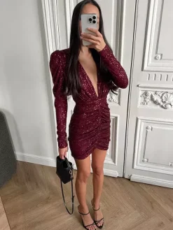 Robe courte à sequins scintillants pour femme - Décolleté plongeant sexy manches longues coupe moulante froncée - Tenue de cocktail printanière 2026