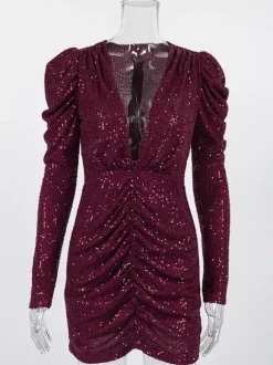 Robe courte à sequins scintillants pour femme - Décolleté plongeant sexy manches longues coupe moulante froncée - Tenue de cocktail printanière 2026