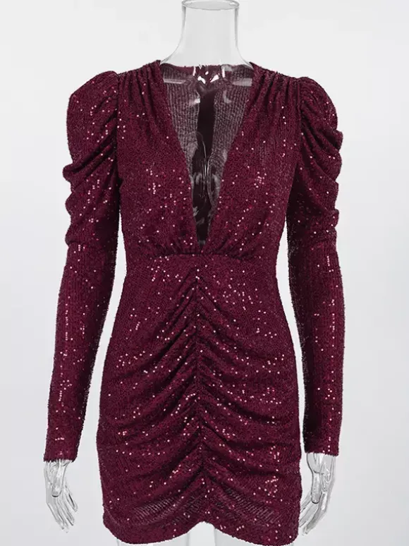 Robe courte à sequins scintillants pour femme - Décolleté plongeant sexy manches longues coupe moulante froncée - Tenue de cocktail printanière 2026