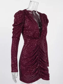Robe courte à sequins scintillants pour femme - Décolleté plongeant sexy manches longues coupe moulante froncée - Tenue de cocktail printanière 2026