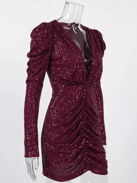Robe courte à sequins scintillants pour femme - Décolleté plongeant sexy manches longues coupe moulante froncée - Tenue de cocktail printanière 2026