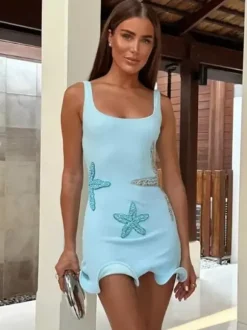 Robe courte à sequins étoiles de mer pour femme - Robe fourreau sexy sans manches à col rond et coupe ajustée - Collection été 2026