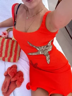 Robe courte à sequins étoiles de mer pour femme - Robe fourreau sexy sans manches à col rond et coupe ajustée - Collection été 2026