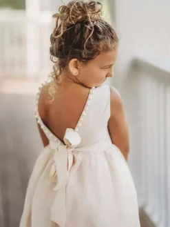 Robe cérémonie fille robe cortège enfant ivoire dos en V décoré des perles avec ceinture longueur cheville