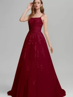 Robe de bal A-Line Col carré en dentelle sans manches en dentelle Robes d'invité de mariage