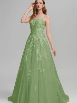 Robe de bal A-Line Col carré en dentelle sans manches en dentelle Robes d'invité de mariage