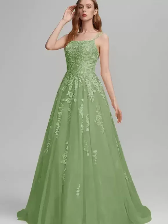 Robe de bal A-Line Col carré en dentelle sans manches en dentelle Robes d'invité de mariage