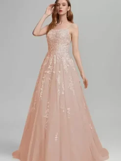 Robe de bal A-Line Col carré en dentelle sans manches en dentelle Robes d'invité de mariage
