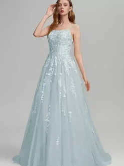 Robe de bal A-Line Col carré en dentelle sans manches en dentelle Robes d'invité de mariage