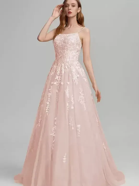 Robe de bal A-Line Col carré en dentelle sans manches en dentelle Robes d'invité de mariage