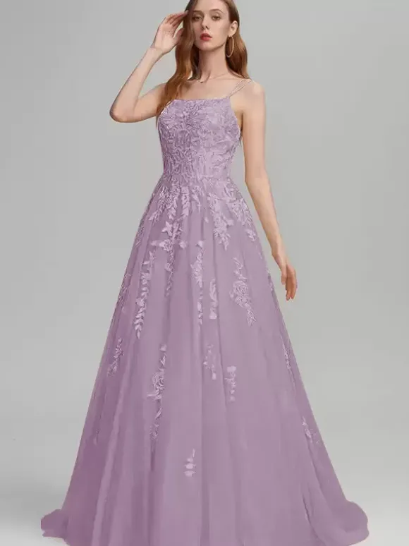 Robe de bal A-Line Col carré en dentelle sans manches en dentelle Robes d'invité de mariage